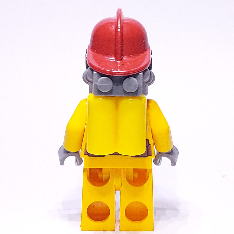 Lego Fireman, Bright Light Orange Fire Suit, Dark Red Helmet, Breathing Apparatus, Airtanks, Sweat Drops