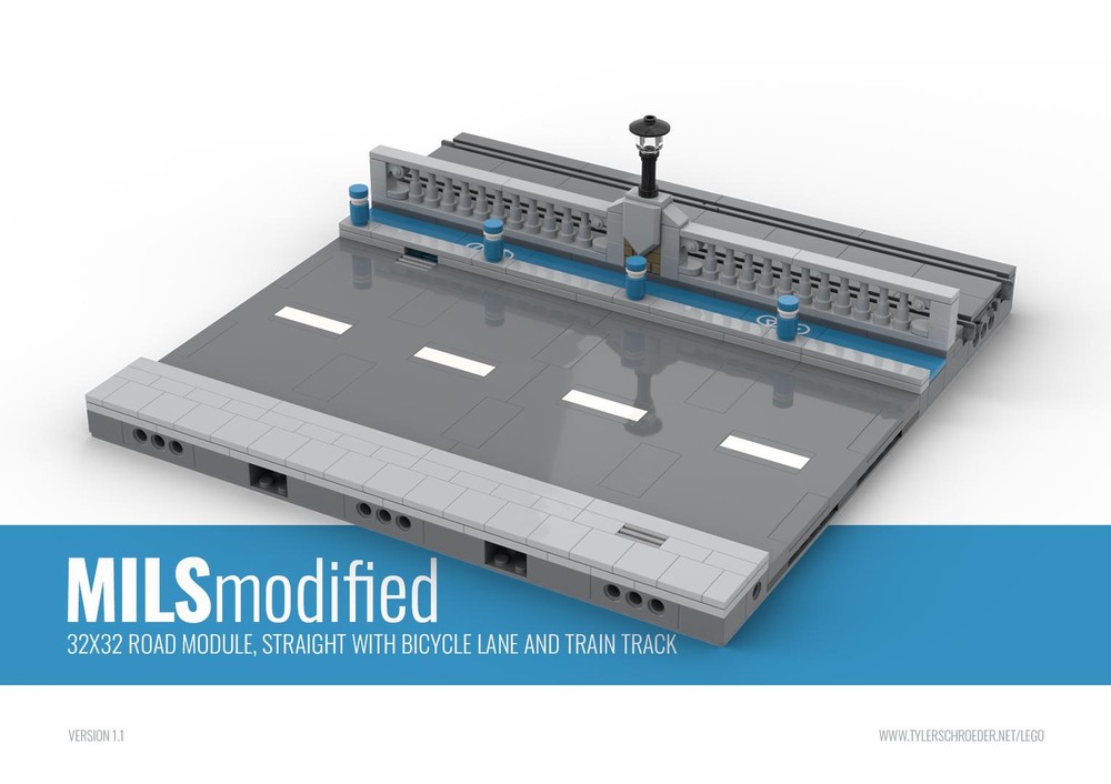 Lego MILS Modified 32x32 Road Module, Straight with Bicycle Lane and Train Track