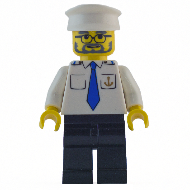 Lego Ship Captain, White Shirt with Anchor and Tie, Black Legs, White Hat, Beard and Glasses