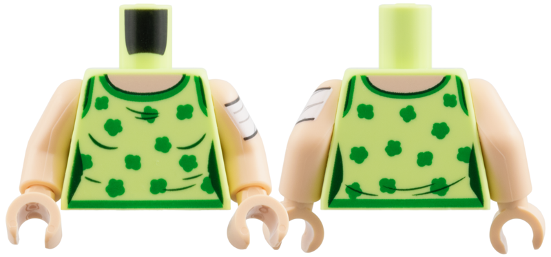 Lego Torso Female Tank Top, Light Nougat Neck, Green Hems and Shamrocks Pattern / Light Nougat Arm Left with White Bandage Pattern / Light Nougat Arm Right / Light Nougat Hands