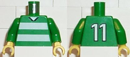 Lego Torso Soccer Uniform Shirt with White Horizontal Stripes, Neck, and Number 11 on Back Pattern / Green Arms / Yellow Hands