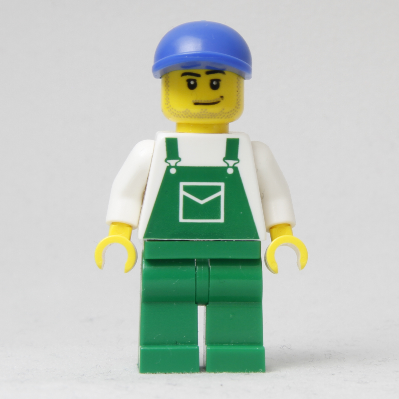Lego Man, Green Overalls, Blue Cap, Stubble (4485 Cap)