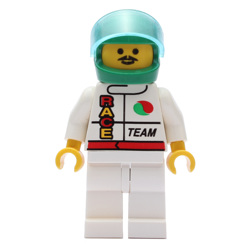 Lego Racer, White Jacket with Octan Logo and 'RACE' and 'TEAM', Green Helmet with Visor, Moustache
