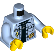 Lego Torso Jacket, Denim, Black Shirt, Pendant 'P', Lightning Bolt, Basketball, and 'YO' Badges Print, Bright Light Blue Arms, Yellow Hands / Bright Light Blue