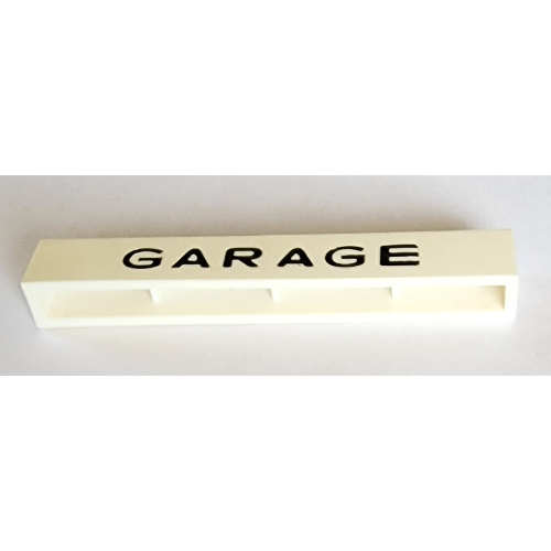 Lego Brick 1 x 8 without Bottom Tubes with Cross Side Supports with 'GARAGE' Medium Sans-Serif Black Print / White