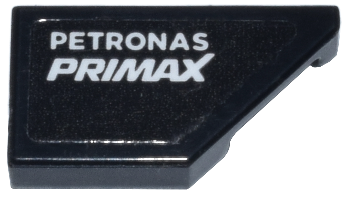 Lego Tile, Modified 1 x 2 Wedge Right with White 'PETRONAS PRIMAX' Logo Pattern (Sticker) - Set 77244