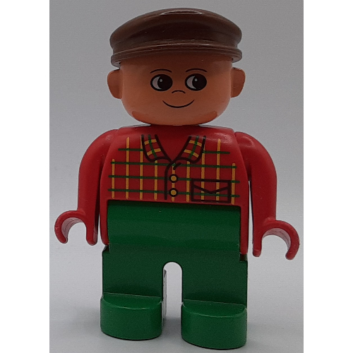 Lego Duplo Figure, Early, with Flat Cap Brown, Green Legs, Plaid Shirt Print (Farmer) / Red