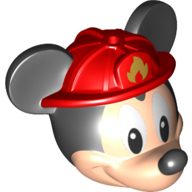 Lego Minifig Head Special with Black Mouse Ears and Nose, Red Fire Fighter Helmet print (Mickey Mouse) / Light Nougat