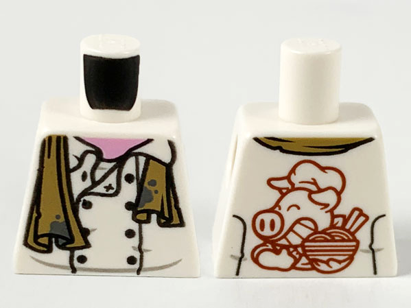 Lego Torso Chef Jacket, Dark Tan Dirty Towel with Dark Bluish Gray Splotches, Dark Red Pigsy Logo on Back Pattern