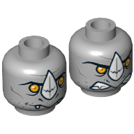Lego Minifig Head Rogon, Dual Sided, Rhinoceros with Orange Eyes and White Horn Neutral / Angry Print [Hollow Stud] / Light Bluish Gray