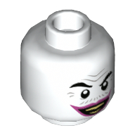 Lego Minifig Head Joker, Gray Wrinkles and Moustache, Dark Pink Lips, Wide Grin / Sad Print / White