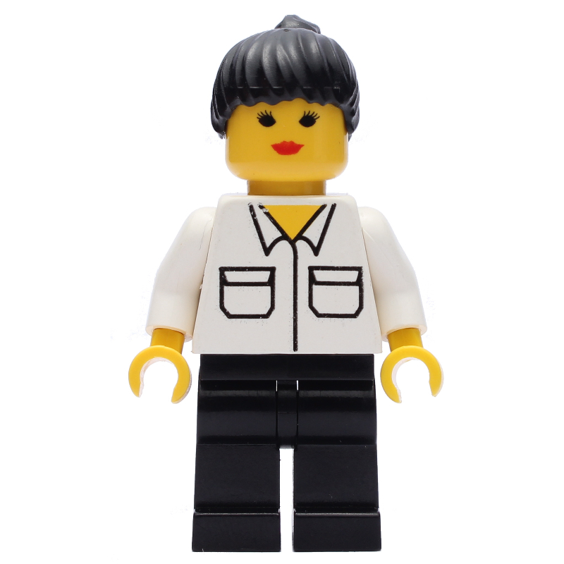 Lego Woman, White Shirt with Pockets, Black Legs, Black Hair