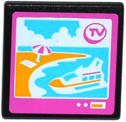 Lego Road Sign 2 x 2 Square with Open O Clip with 'TV', Cruise Ship and Beach on Screen Pattern (Sticker) - Set 41100
