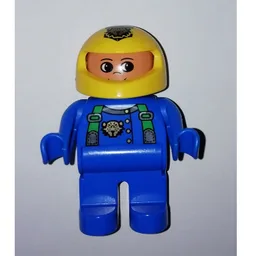 Duplo Figure, Early, Helmet Yellow, Blue Legs, Blue Arms, Jacket with Green Straps Print / Blue