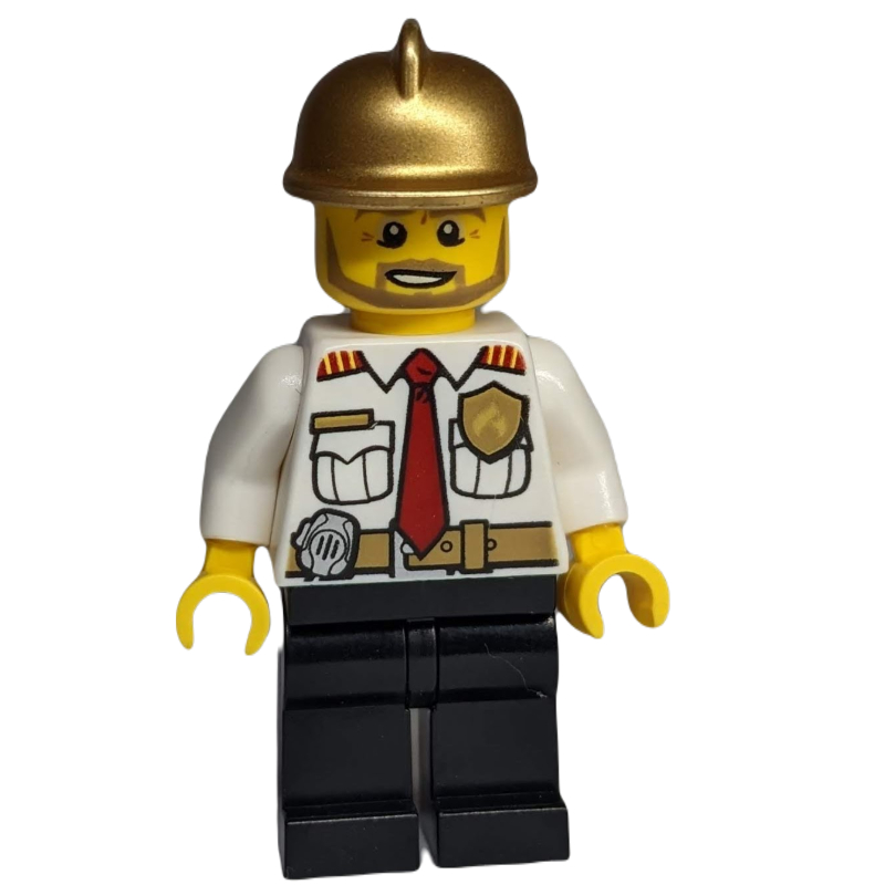 Lego Fireman, White Shirt with Red Tie, Badge, and Radio on Belt, Gold Helmet, Beard
