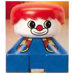Duplo 2 x 2 x 2 Figure Brick, Spiky Bangs, Red Hair, Clown Make-up, with Button Suspenders Print / Blue