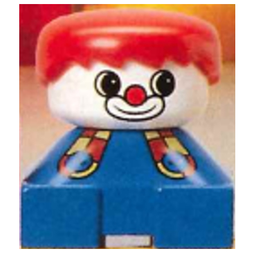 Lego Duplo 2 x 2 x 2 Figure Brick, Spiky Bangs, Red Hair, Clown Make-up, with Button Suspenders Print / Blue