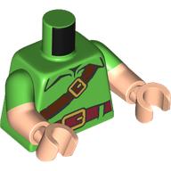 Lego Torso, Dual Molded Arms, Shirt, Dark Red Belt, Gold Buckle, Reddish Brown Strap print, Bright Green Sleeves Pattern, Light Nougat Arms and Hands / Bright Green