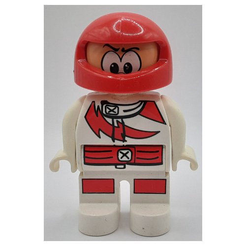 Lego Duplo Figure, Early, Helmet Red, White Legs, Racing Suit with Red Lightning Print / White