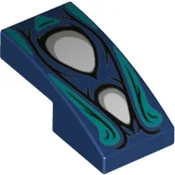 Brick Curved 2 x 1 No Studs with 2 White Eyes, Dark Turquoise Flames Print / Dark Blue