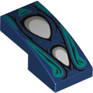 Lego Brick Curved 2 x 1 No Studs with 2 White Eyes, Dark Turquoise Flames print / Dark Blue