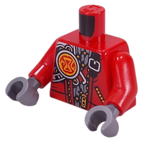 Lego Torso, Robe, Black Strap, Silver Vest, Red Hourglass on Bright Light Orange Circle print, Red Arms, Flat Silver Hands / Red