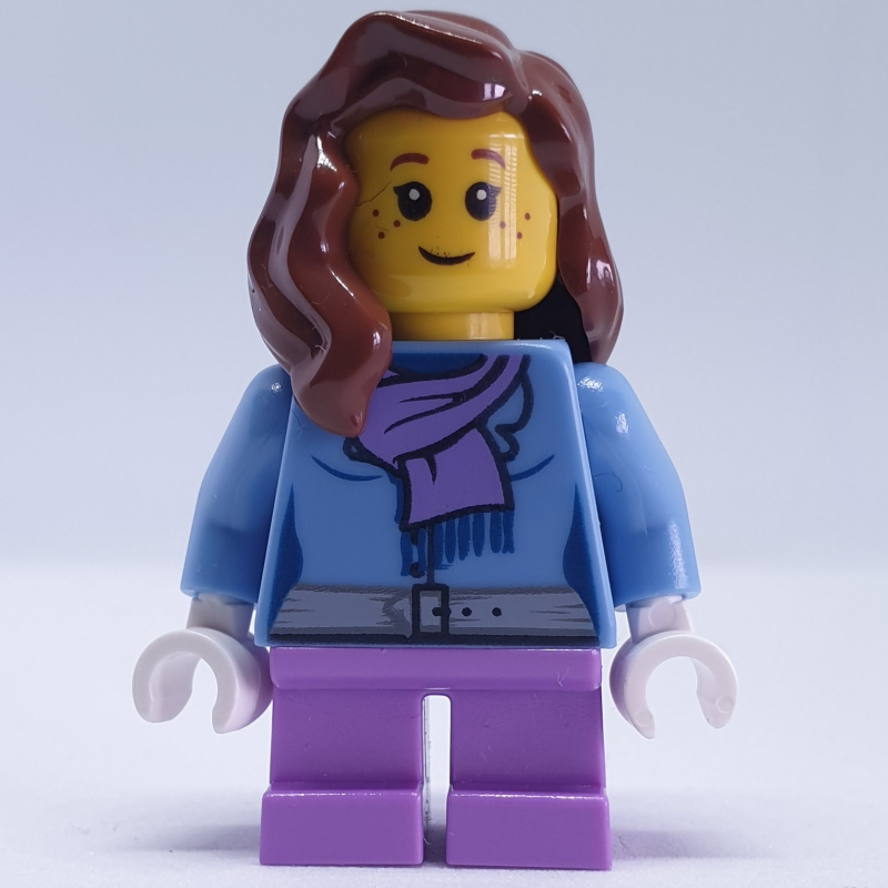 Lego Girl, Medium Blue Jacket with Medium Lavender Scarf, Short Medium Lavender Legs, Reddish Brown Hair