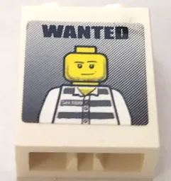 Brick 1 x 2 x 2 with Inside Axle Holder with 'WANTED' and Jail Prisoner Minifigure Pattern (Sticker) - Set 7288