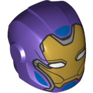 Lego Helmet with Armor Plates and Ear Protectors with Gold Face and White Angular Eyes, and Blue Panels Print (Rescue) / Dark Purple