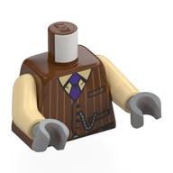 Lego Torso, Jacket with Tan Stripes, Silver Chain, Tan Shirt, Dark Purple Tie print, Tan Arms, Light Bluish Gray Hands / Reddish Brown