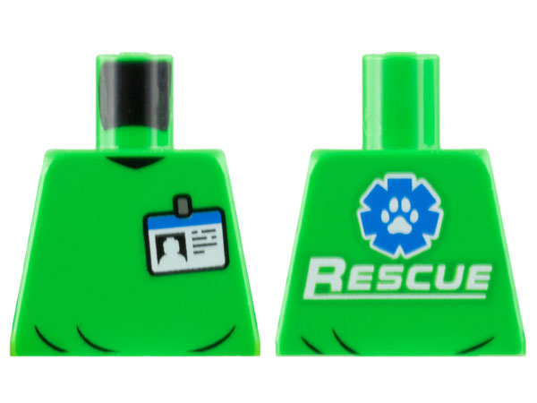 Lego Torso Shirt with Name Badge, White and Blue 'RESCUE' and Paw Print Logo on Back Pattern