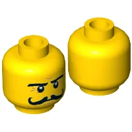 Minifig Head Severin Black, Moustache Curly Long, Stern Eyebrows, White Pupils Print [Hollow Stud] / Yellow