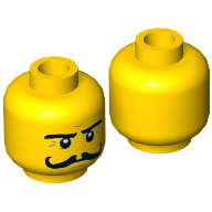 Lego Minifig Head Severin Black, Moustache Curly Long, Stern Eyebrows, White Pupils Print [Hollow Stud] / Yellow