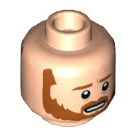 Minifig Head Obi-Wan Kenobi, Dark Orange Beard and Eyebrows, Nervous with Teeth Showing / Frown Print / Light Nougat