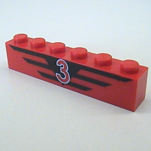 Lego Brick 1 x 6 with Red '3', Black Stripes Print / Red