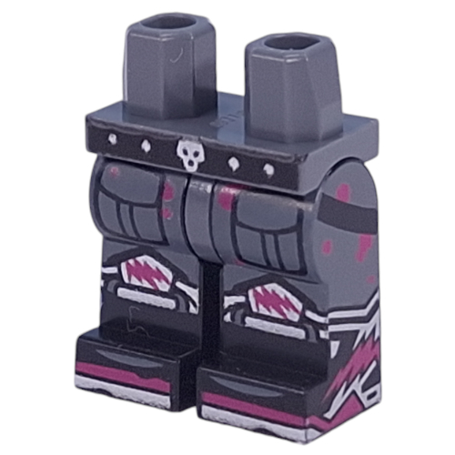 Lego Hips and Black Legs with Black Belt, Silver Skull, Pockets, Magenta Spots print / Dark Bluish Gray