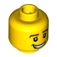 Minifig Head Race Car Driver, Thick Brown Eyebrows, White Pupils and Grin with Teeth Print / Yellow