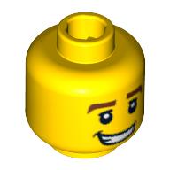 Lego Minifig Head Race Car Driver, Thick Brown Eyebrows, White Pupils and Grin with Teeth Print / Yellow