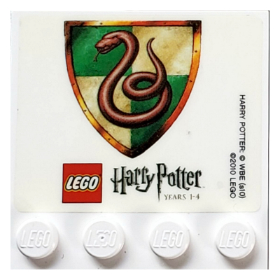 Lego Plate Special 4 x 4 with Studs on One Edge and 'LEGO Harry Potter Years 1 - 4' with Slytherin Crest Print (Sticker) / White
