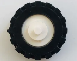 Wheel Center Small with Stub Axles (Pulley Wheel) with Black Tire 15mm D. x 6mm Offset Tread Small (3464 / 3641) / White