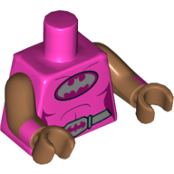 Lego Torso Bodysuit, Batman Logo on Magenta Oval and Silver Belt with Bat Buckle Print, Medium Nougat Arms and Hands with Cuffs Print / Dark Pink