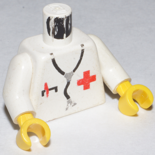 Lego Torso Red Cross, Pocket with Pen, and Stethoscope Print, White Arms, Yellow Hands / White