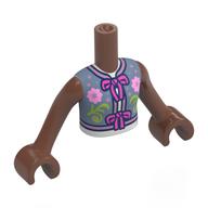 Lego Minidoll Torso Girl with Medium Brown Arms and Hands with Sand Blue Top, Dark Pink Bows/Laces, Bright Pink/Lime Flowers print / Medium Brown