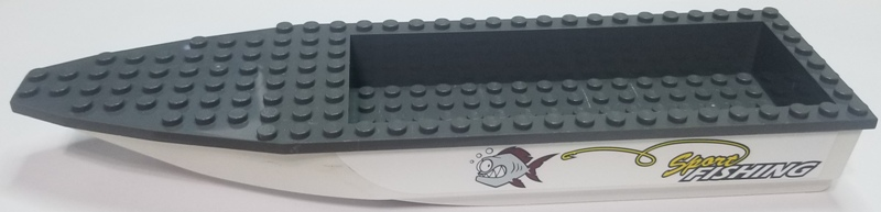 Lego Boat, Hull Unitary 28 x 8 with Dark Bluish Gray Top with 'Sport FISHING', Fish and Line with Hook Pattern on Both Sides (Stickers) - Set 60147