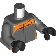 Lego Torso Race Suit, Orange Shapes, 'MCLAREN' print, Dark Bluish Gray Arms, Black Hands / Dark Bluish Gray