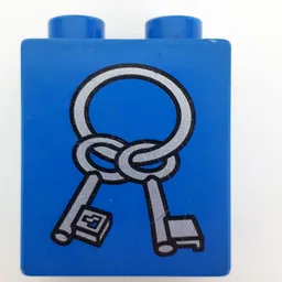 Duplo Brick 1 x 2 x 2 with Two Keys on a Ring Print / Blue