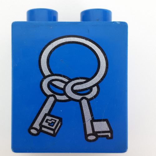 Lego Duplo Brick 1 x 2 x 2 with Two Keys on a Ring Print / Blue