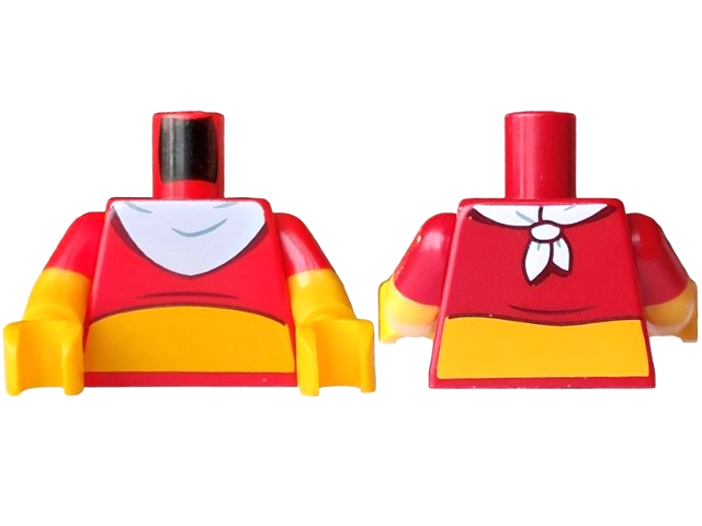 Lego Torso Shirt, Bright Light Orange Tummy, White Bib Pattern / Bright Light Orange Arms with Molded Red Short Sleeves Pattern / Bright Light Orange Hands