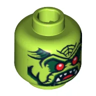 Minifig Head Alien Avenger, Red Eyes, Open Mouth with Pointed Teeth Print / Lime