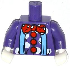 Lego Torso Clown Outfit with Medium Blue Suspenders, Red Pom-Poms and Bow Tie, White Polka Dots Pattern / Dark Purple Arms / White Hands